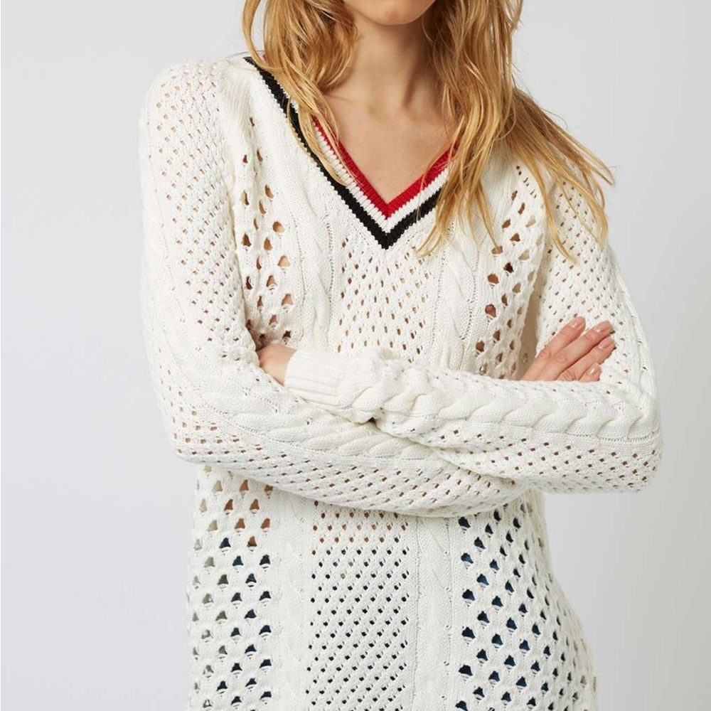V-Neck Open Knit Sweater with Stripe Trim - White